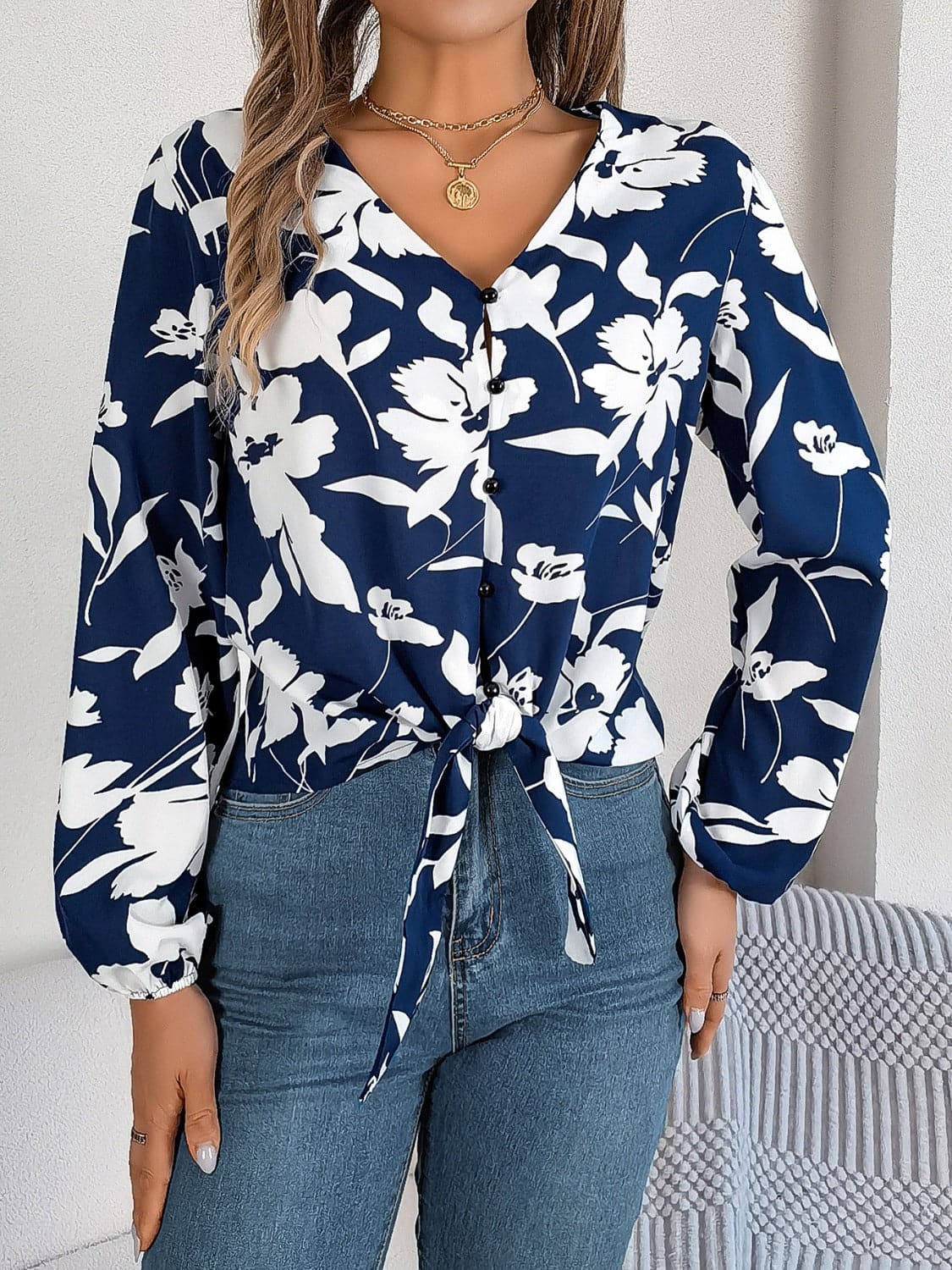 Printed V-Neck Long Sleeve Blouse.