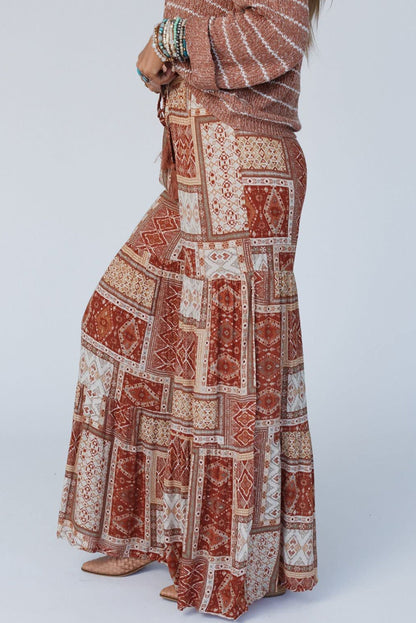 Boho tiered palazzo pants - brown Aztec print