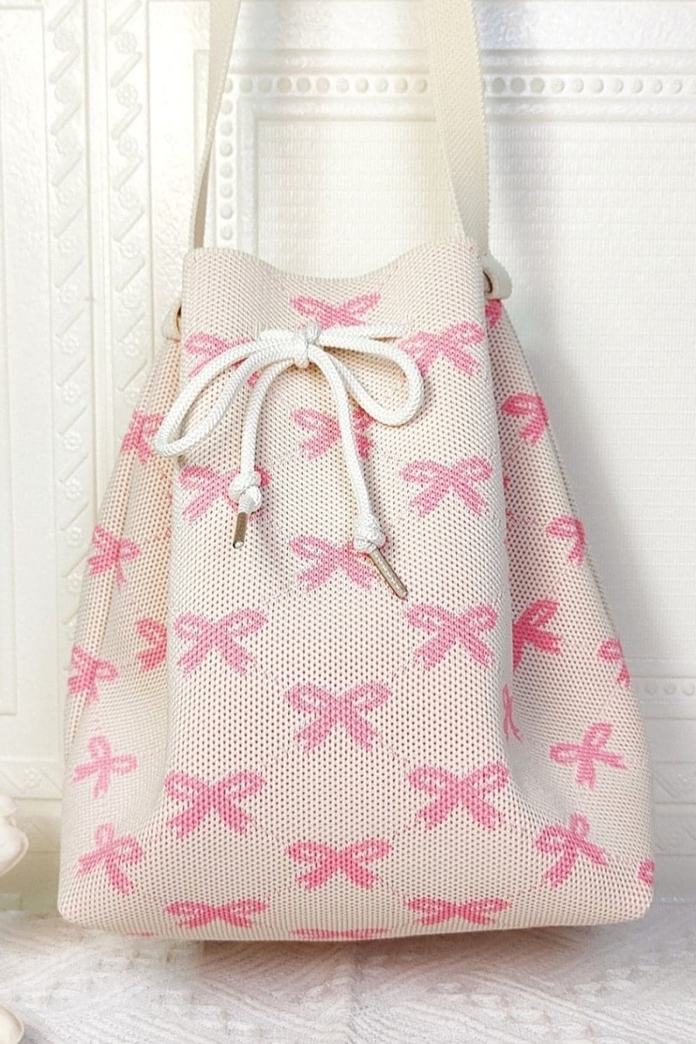 Zenana Ribbon Bowknot Pattern Crossbody Bucket.