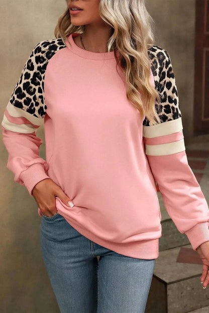 Leopard Round Neck Long Sleeve Sweatshirt.