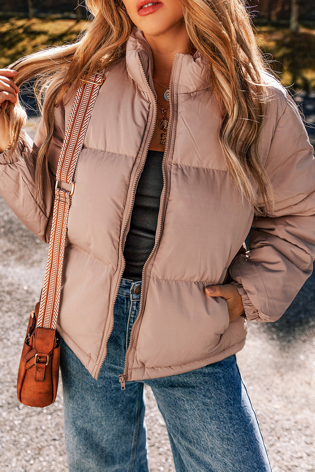 Chic apricot pink quilted puffer jacket with full zipper