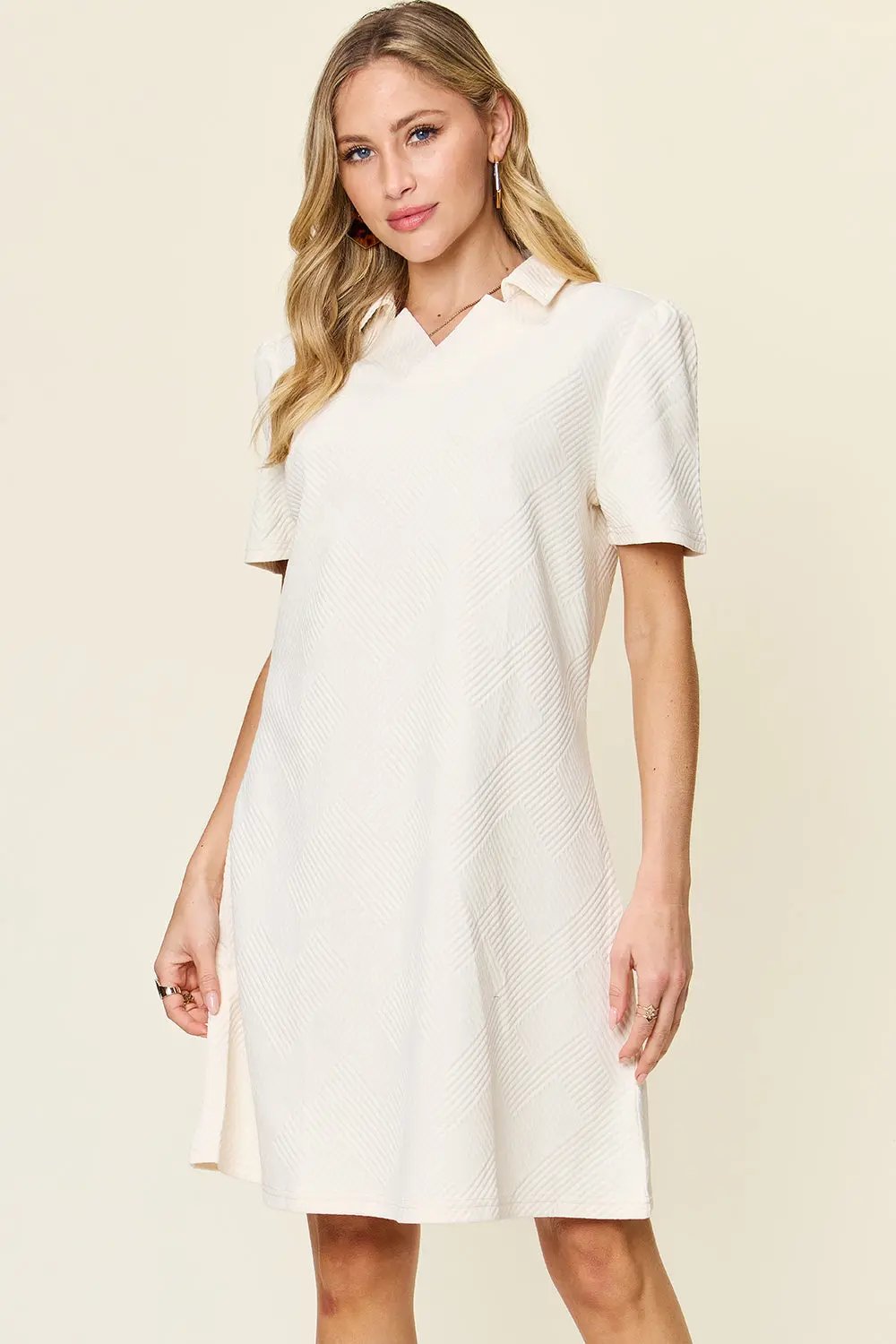 Double Take Full Size Texture Collared Neck Short Sleeve Dress - Love Salve