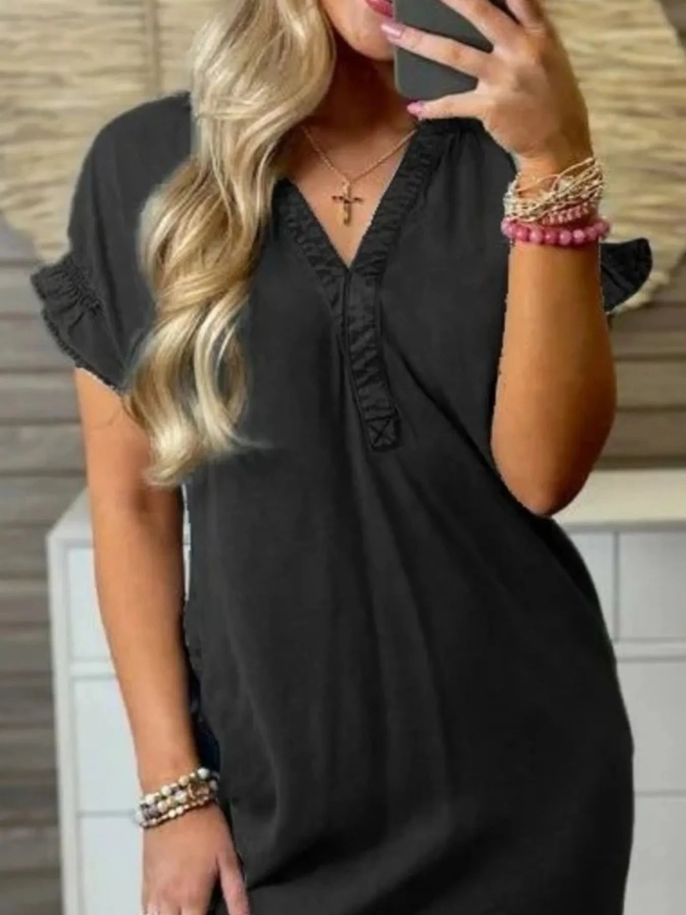 Full Size V-Neck Short Sleeve Denim Dress Plus Size Coco’s Tee Boutique