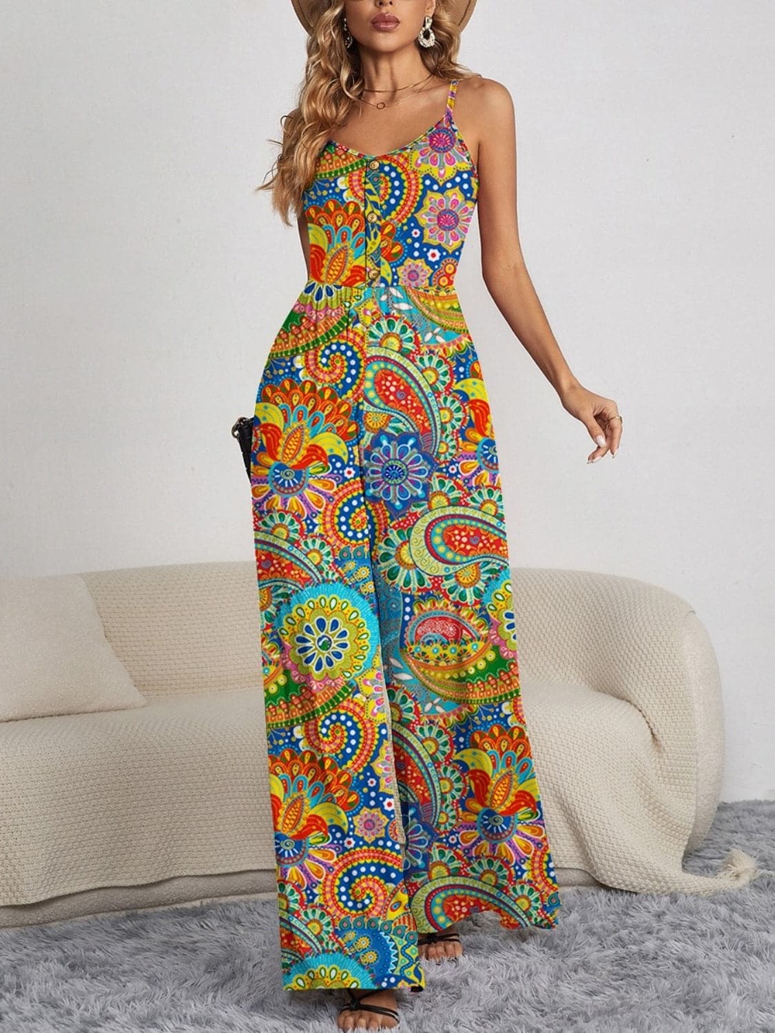 Decorative Button Spaghetti Strap Wide Leg Jumpsuit.