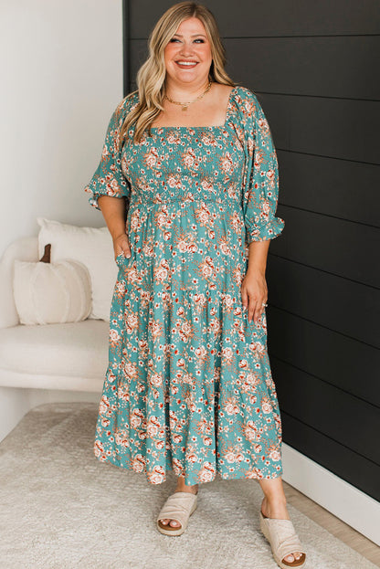 Green Plus Size Floral Print Square Neck Smocked Maxi Dress