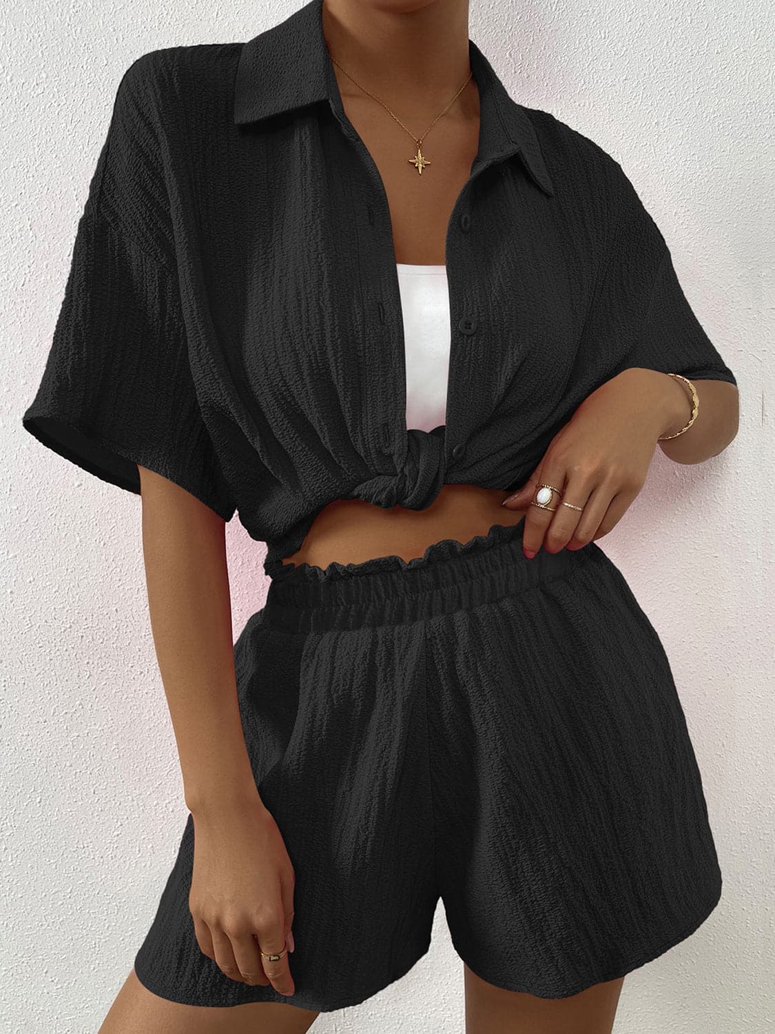 Button Up Half Sleeve Top and Shorts Set.