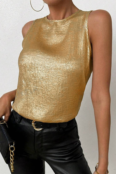 Gold Metal Textured Round Neck Casual Tank Top for Women