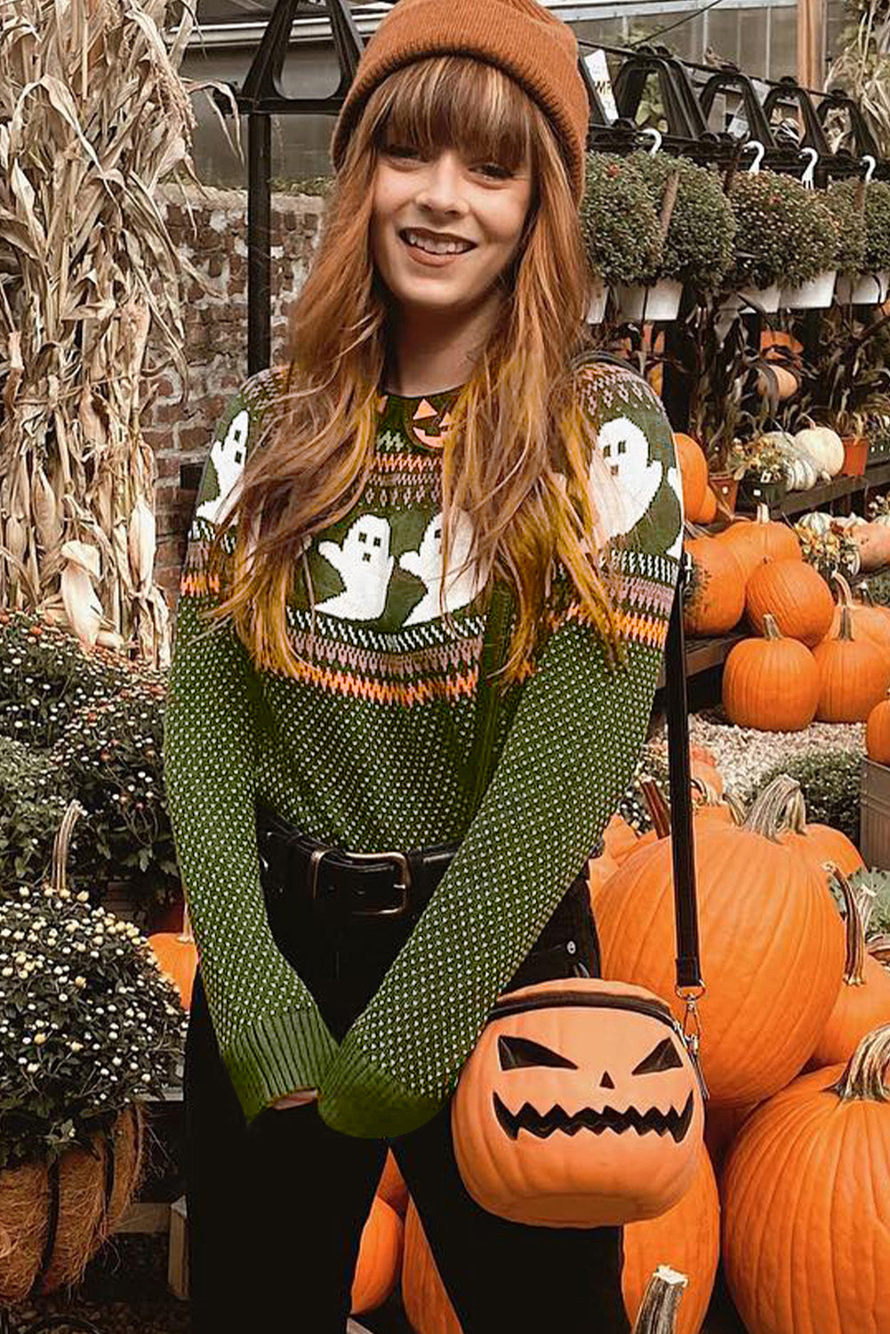 Jungle Green Spooky Ghost Drop Shoulder Sweater