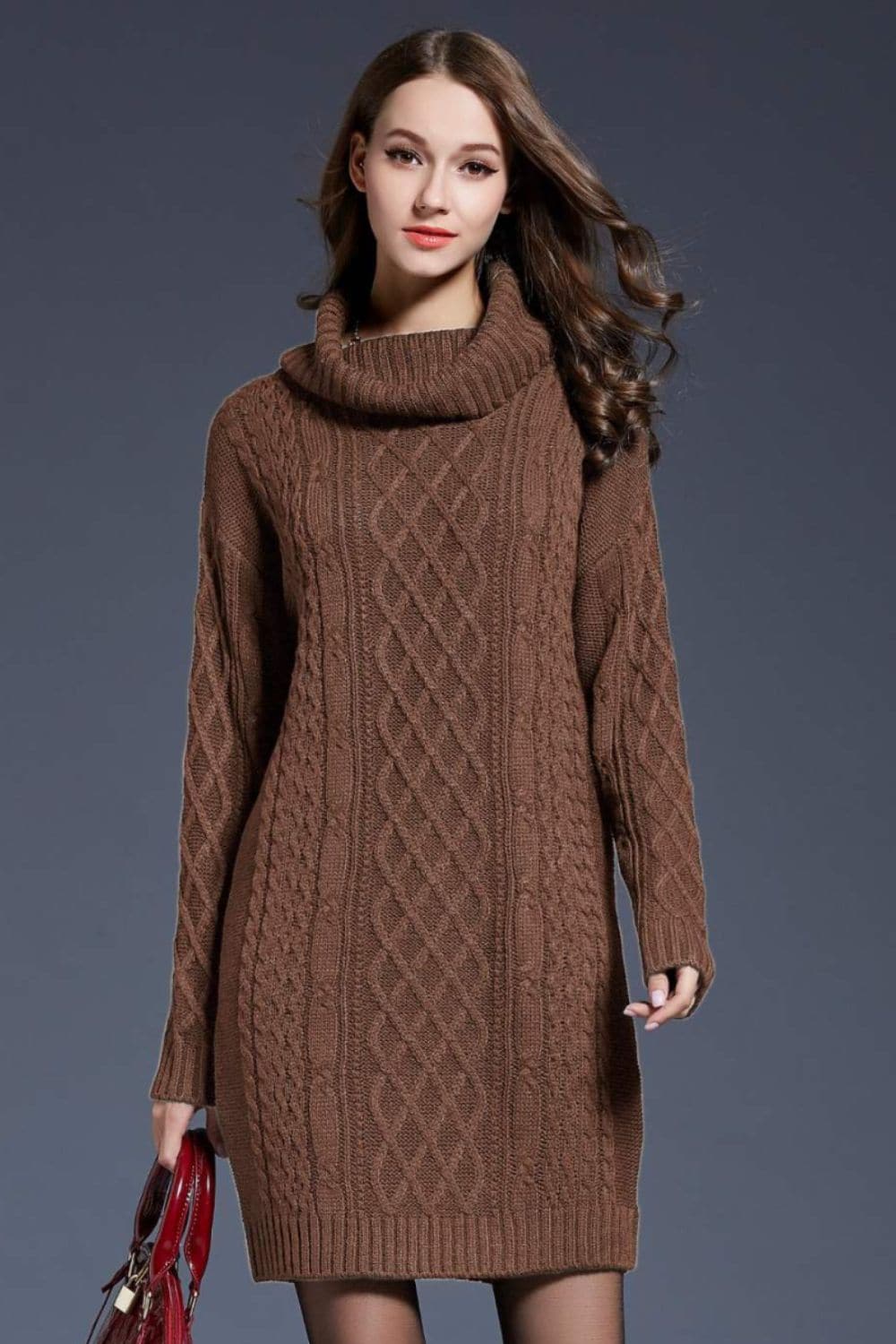 Woven Right Full Size Mixed Knit Cowl Neck Dropped Shoulder Sweater Dress.