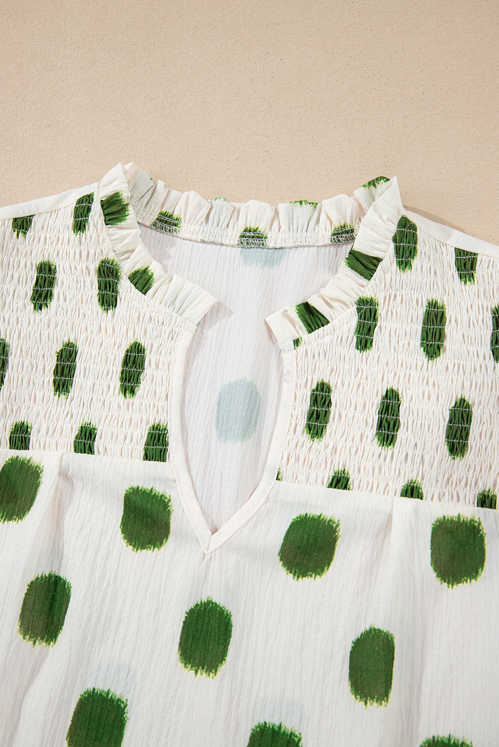 Black Polka Dot Print Smocked Notched Neck Balloon Sleeve Blouse Divine Design4U