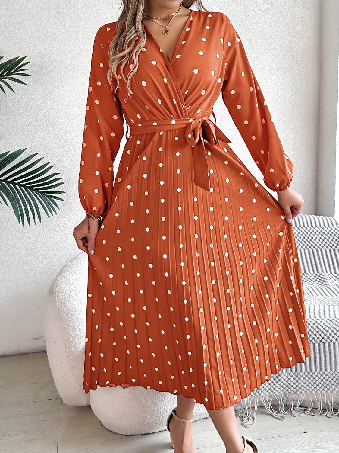 Tied Polka Dot Long Sleeve Midi Dress.