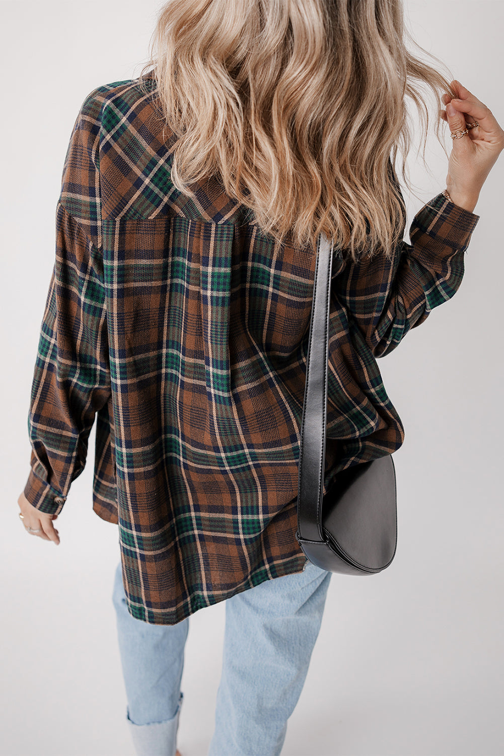 Brown plaid button-up shacket with chest pockets