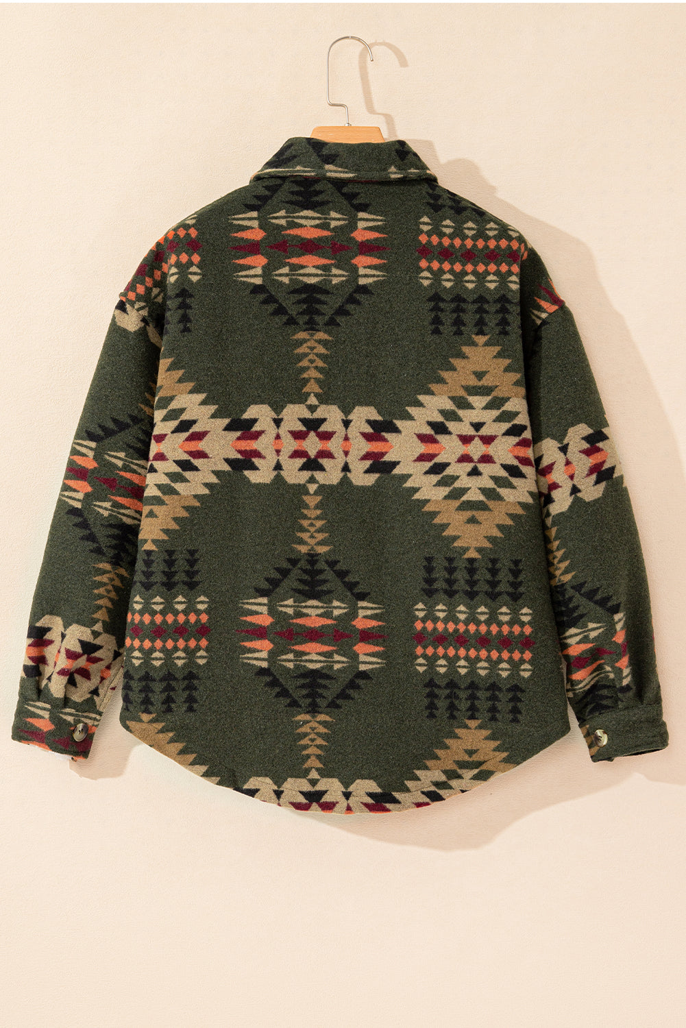 Chic green Aztec print long sleeve shacket with flap pockets