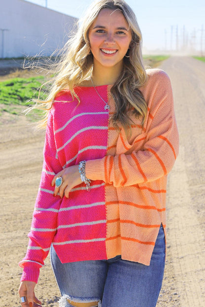 Striped Pocketed Dropper Shoulder Sweater.