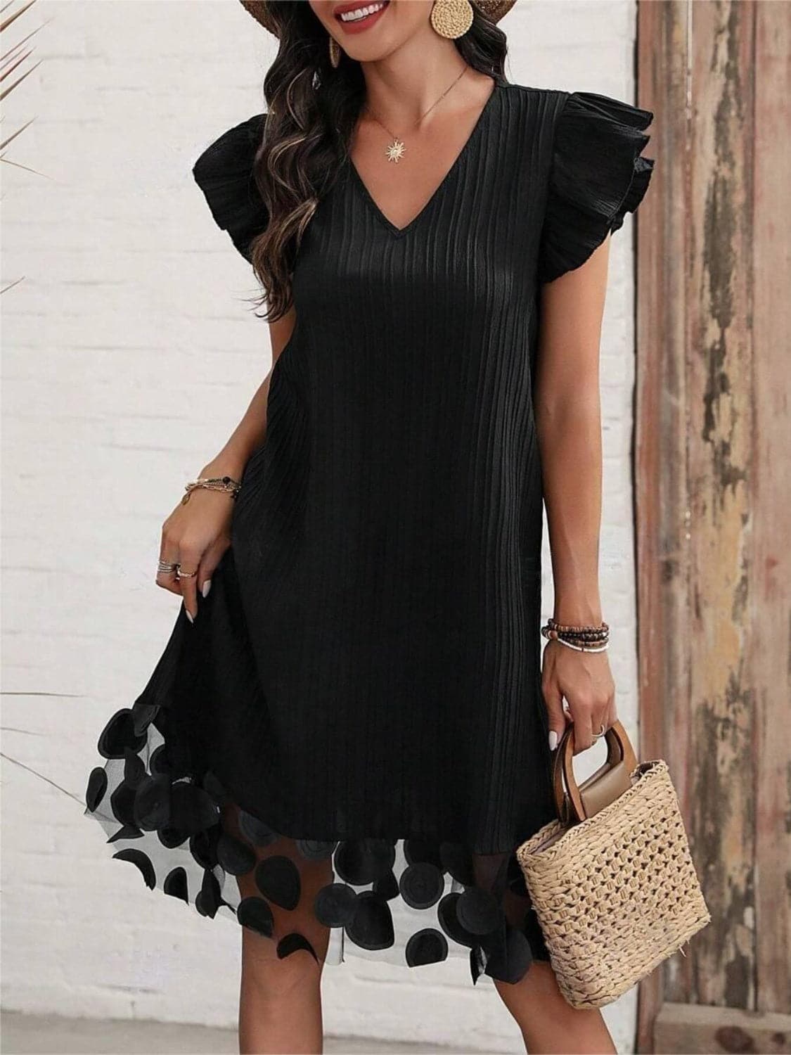 Ruffled V-Neck Cap Sleeve Dress.