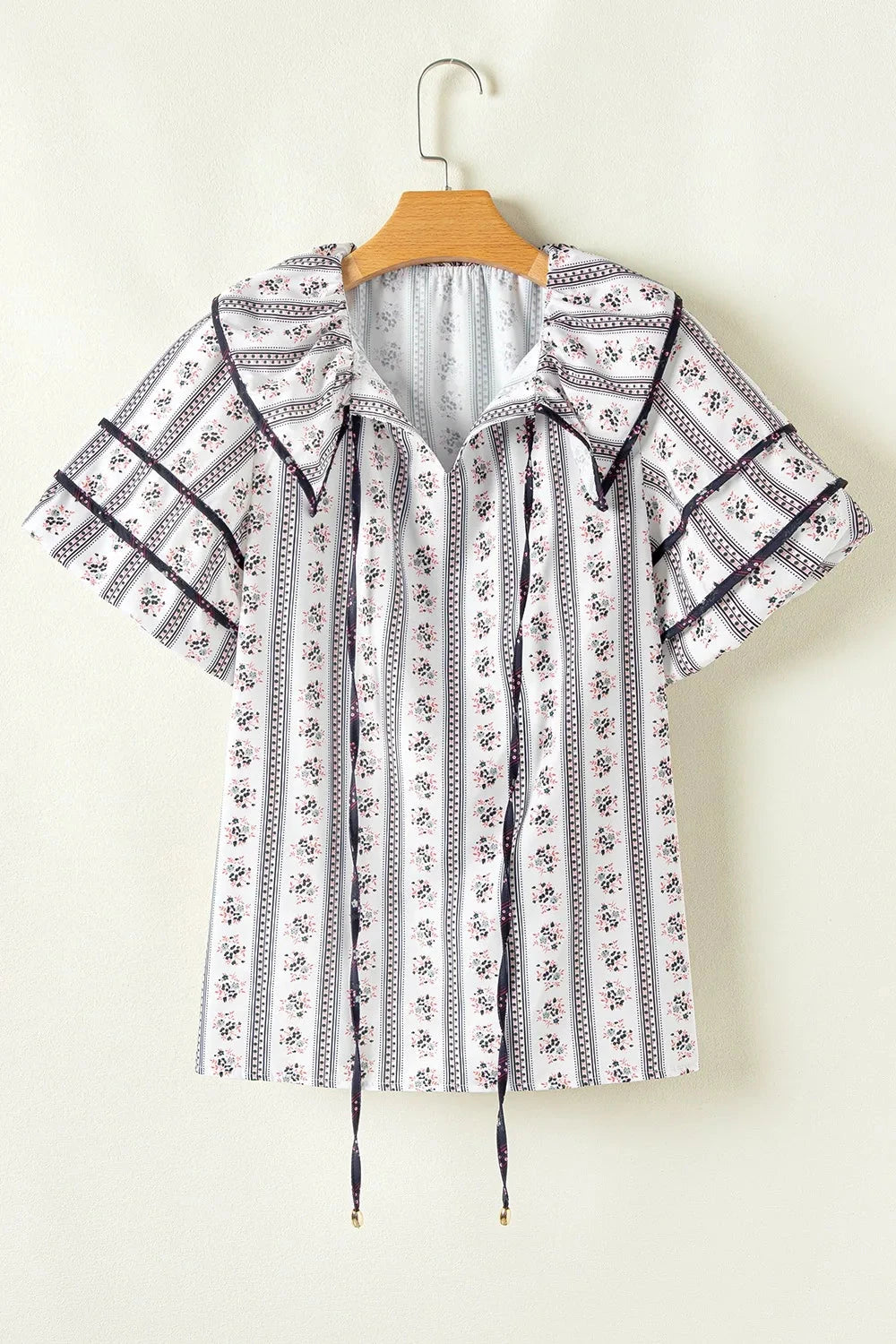 Floral Ruffled Collar Short Puff Sleeve Printed Blouse Simply Love