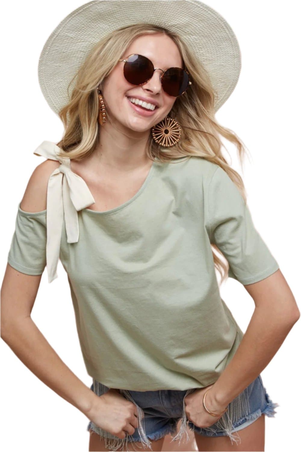 One-shoulder tied ribbon short sleeve tee