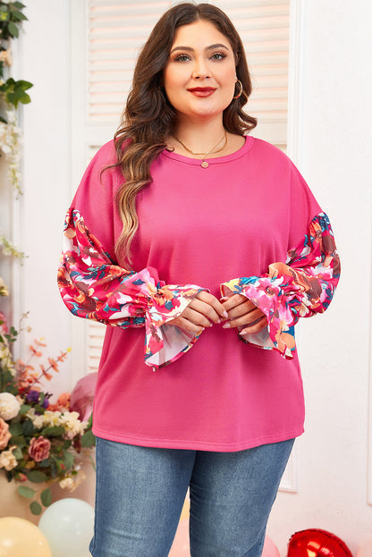 Bright pink floral flounce sleeve plus-size top with ribbed knit comfort