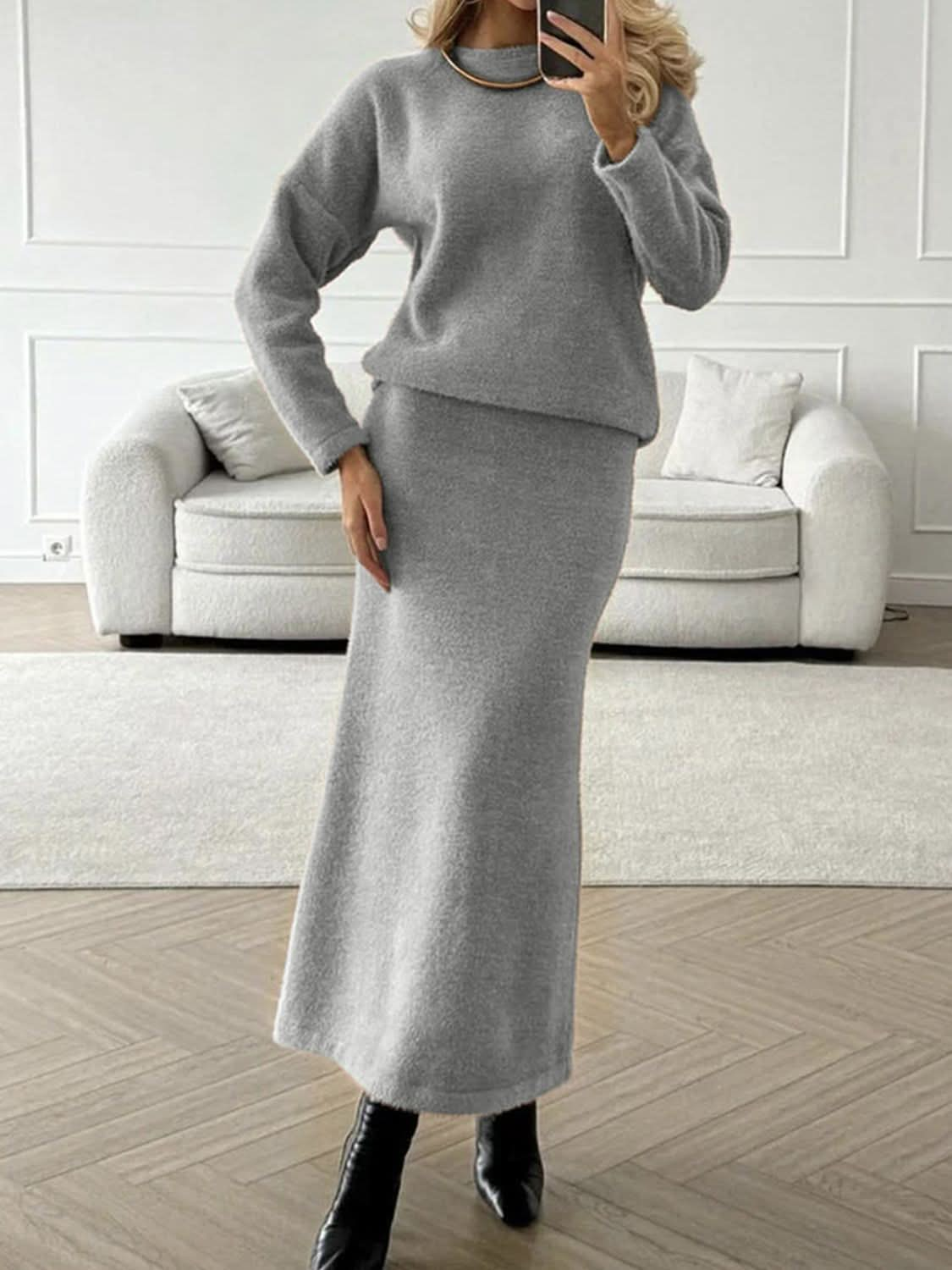 Casual Chic Round Neck Sweater Set with Midi Skirt