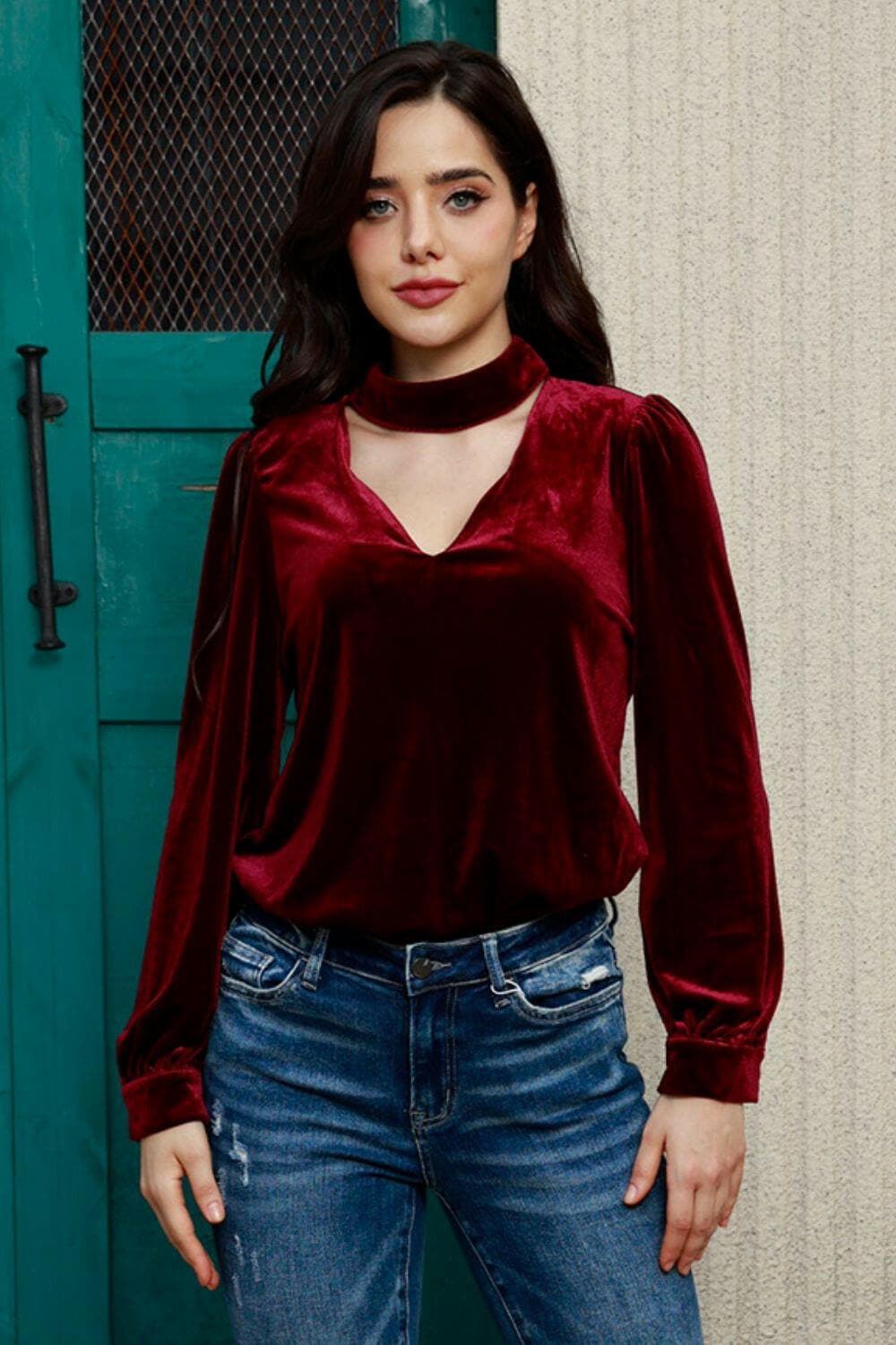 Cutout Puff Sleeve Velvet Blouse.