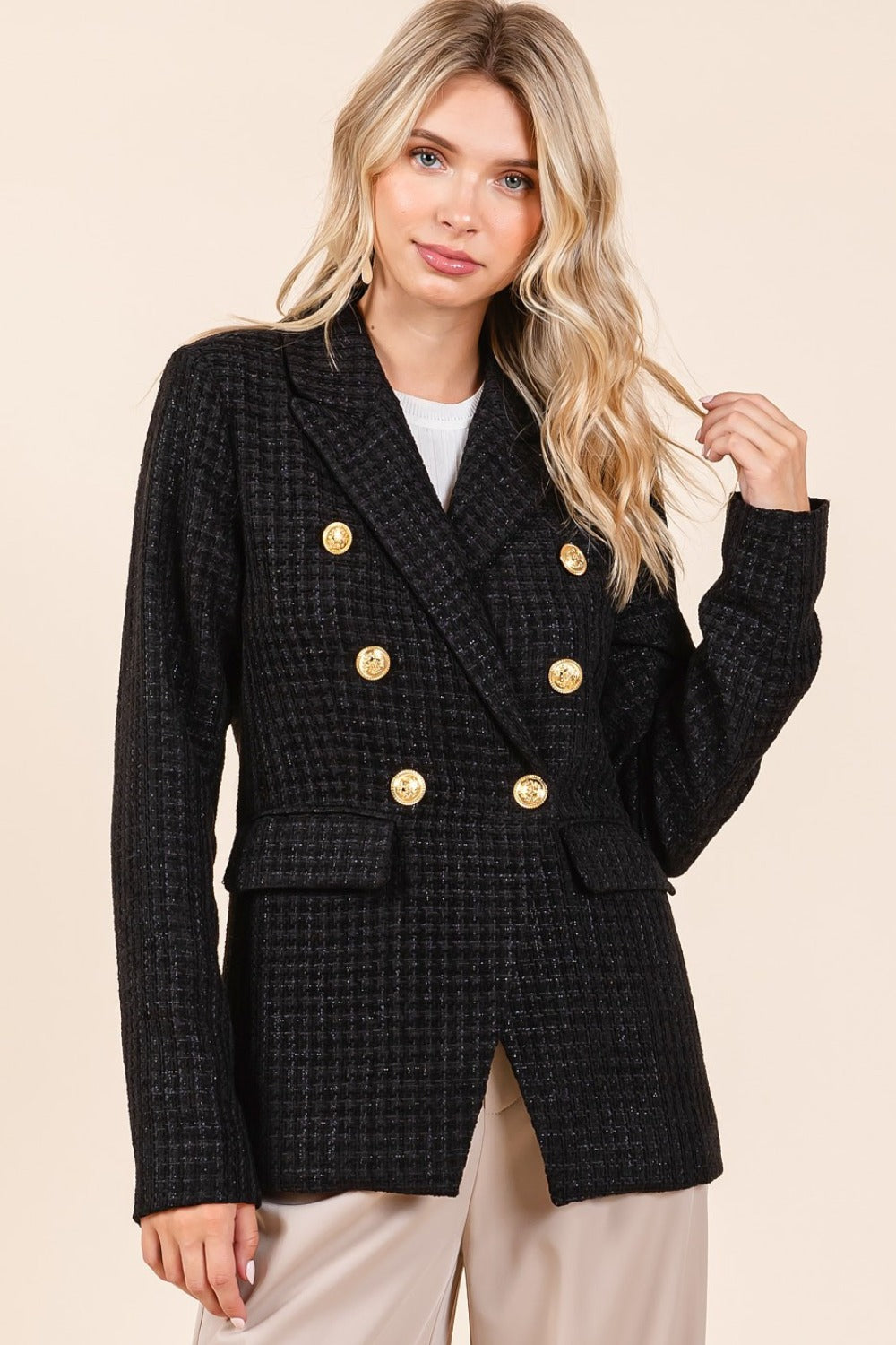 Mittoshop Plaid Texture Double-Breasted Long Sleeve Blazer Coco’s Tee Boutique