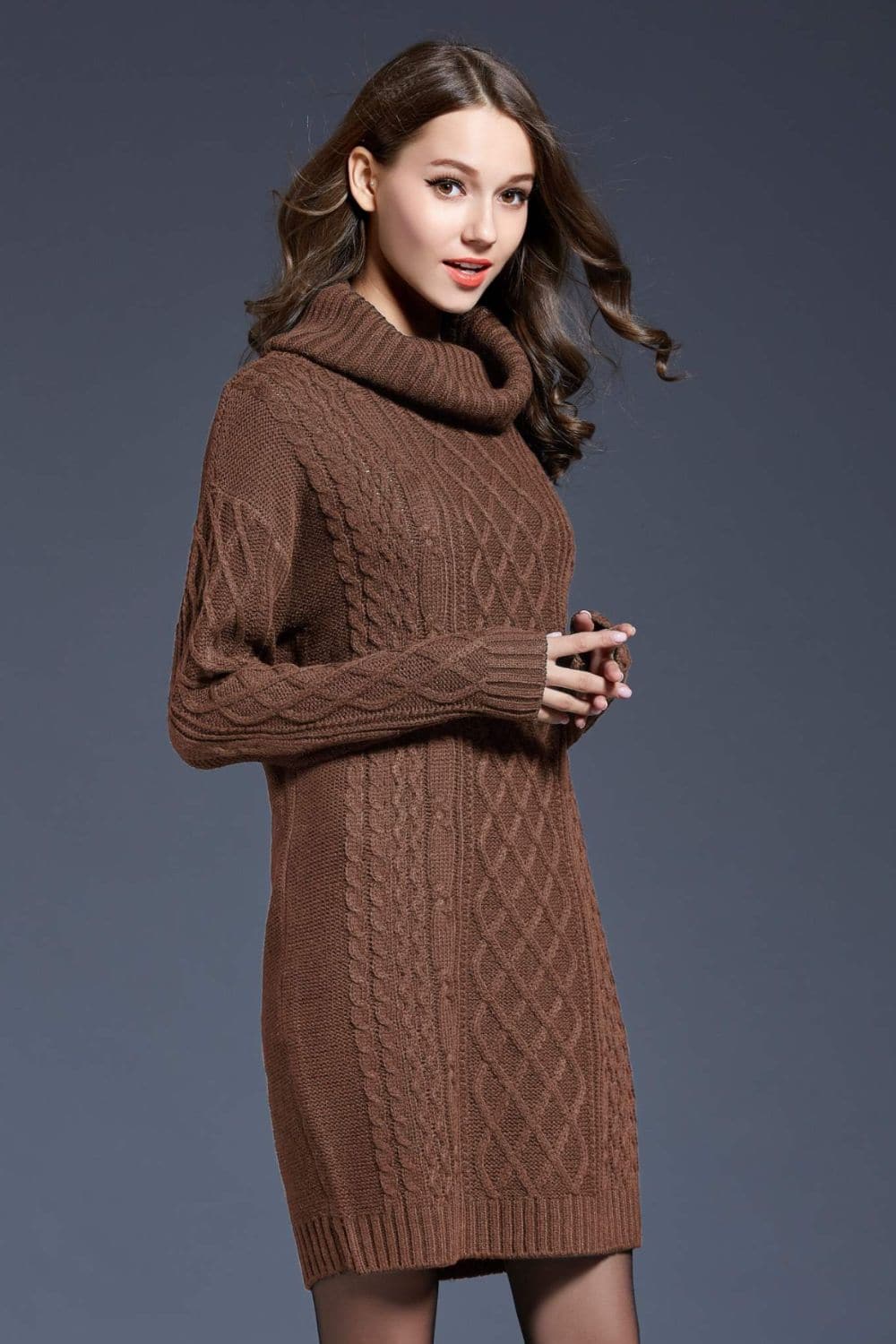 Woven Right Full Size Mixed Knit Cowl Neck Dropped Shoulder Sweater Dress.