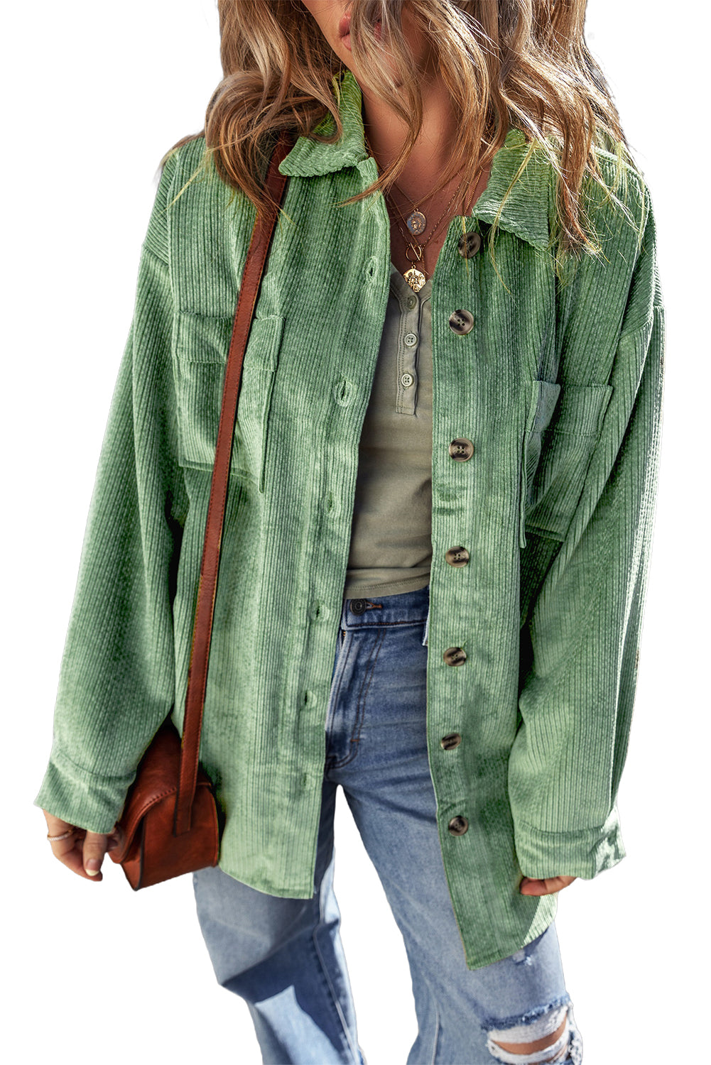 Chic mist green corduroy shacket with patched pockets