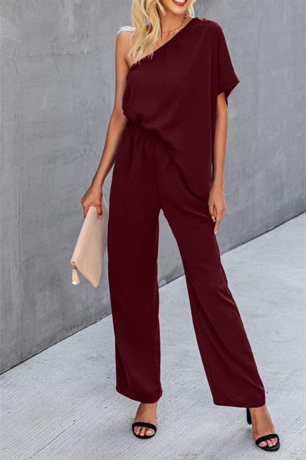 Single Shoulder Short Sleeve Jumpsuit.