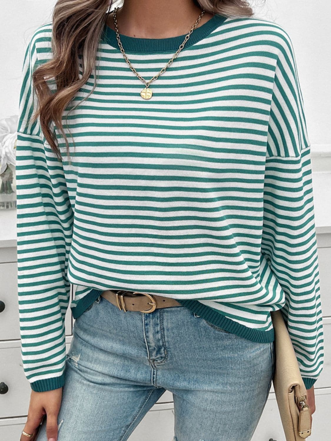 Striped Round Neck Dropped Shoulder Sweater.