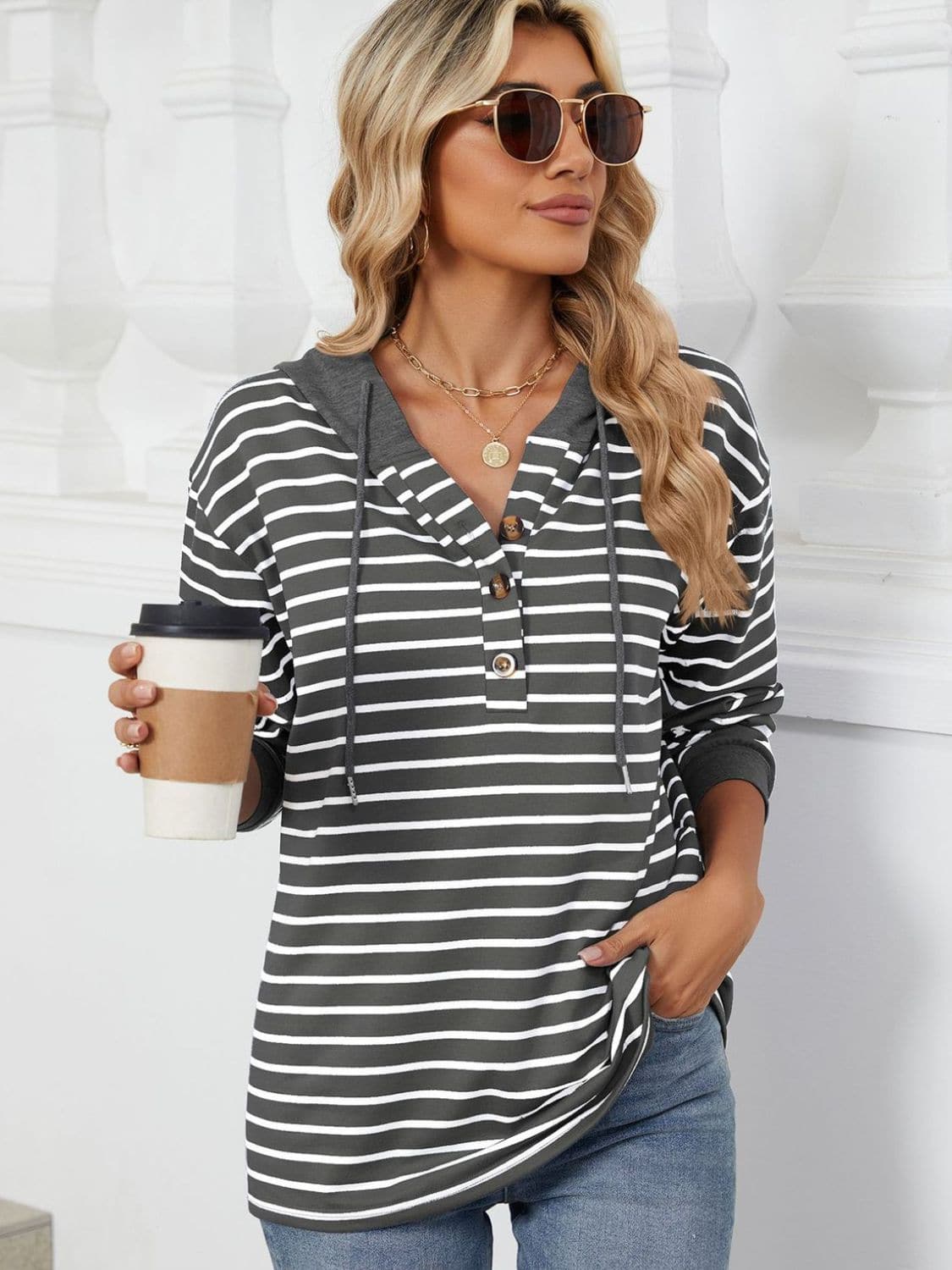 Drawstring Striped Long Sleeve Hoodie.