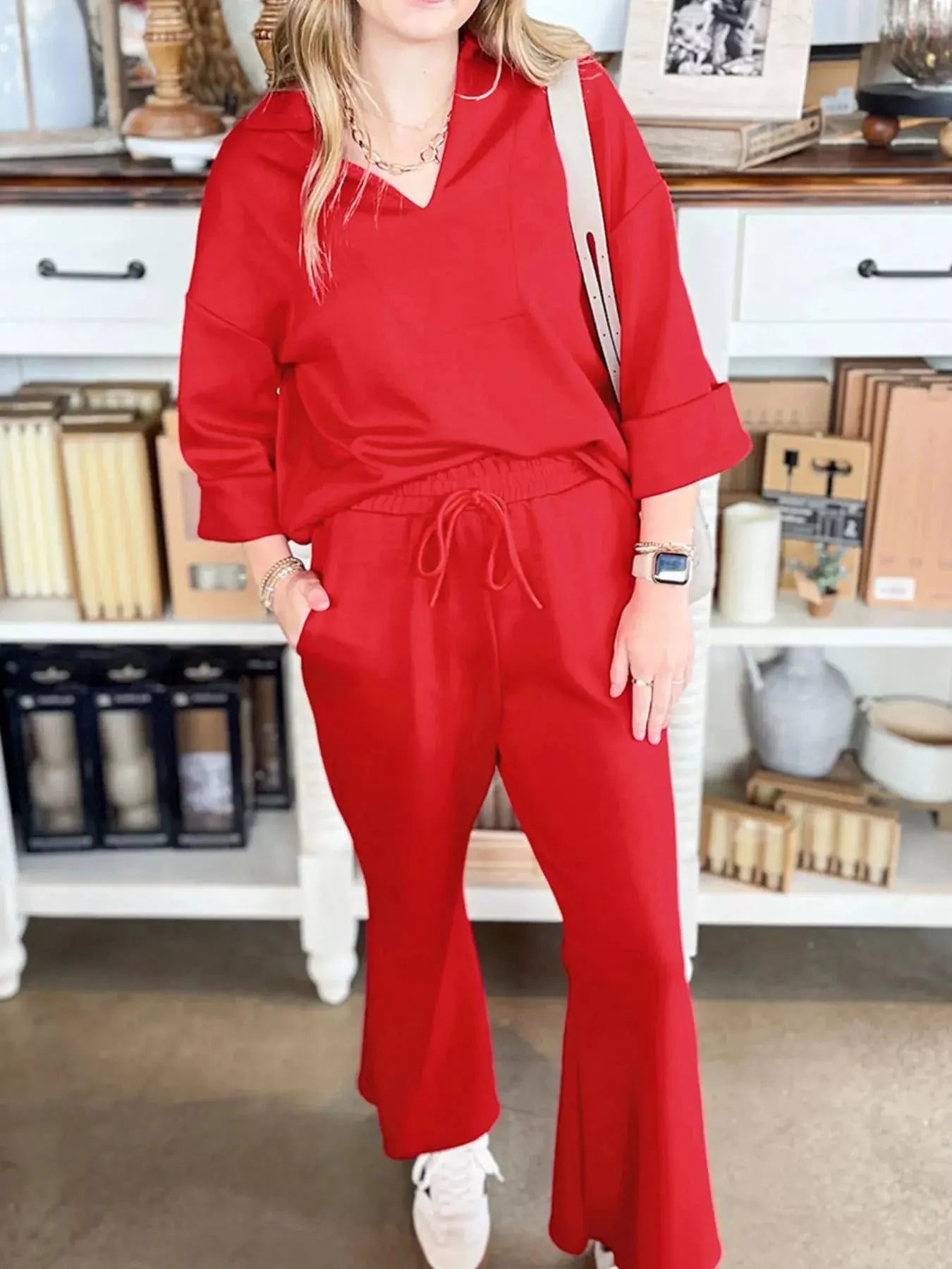Polo Collar V Neck 3/4 Sleeve Pullover Drawstring Bell Bottom Pants 2pcs Set Simply Love
