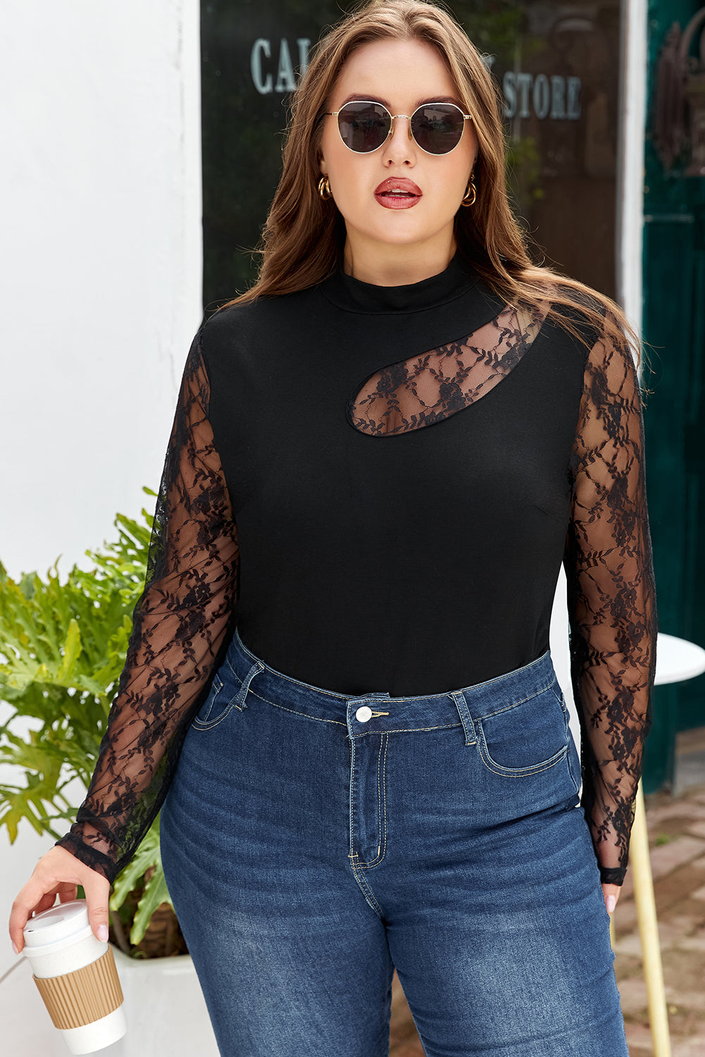 Black Plus Size Lace Patchwork Cutout Long Sleeve Top Dear-Lover Dropshipping