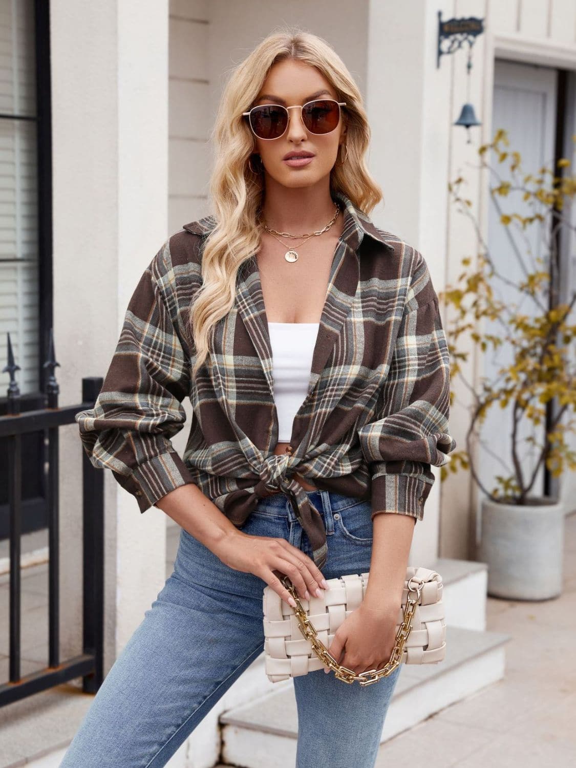 Pocketed Plaid Collared Neck Long Sleeve Shirt.