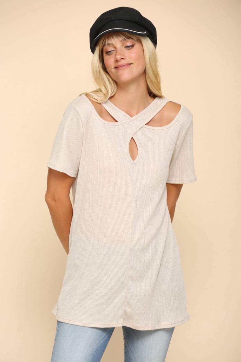 Celeste Full Size Crisscross Cutout Short Sleeve T-Shirt.