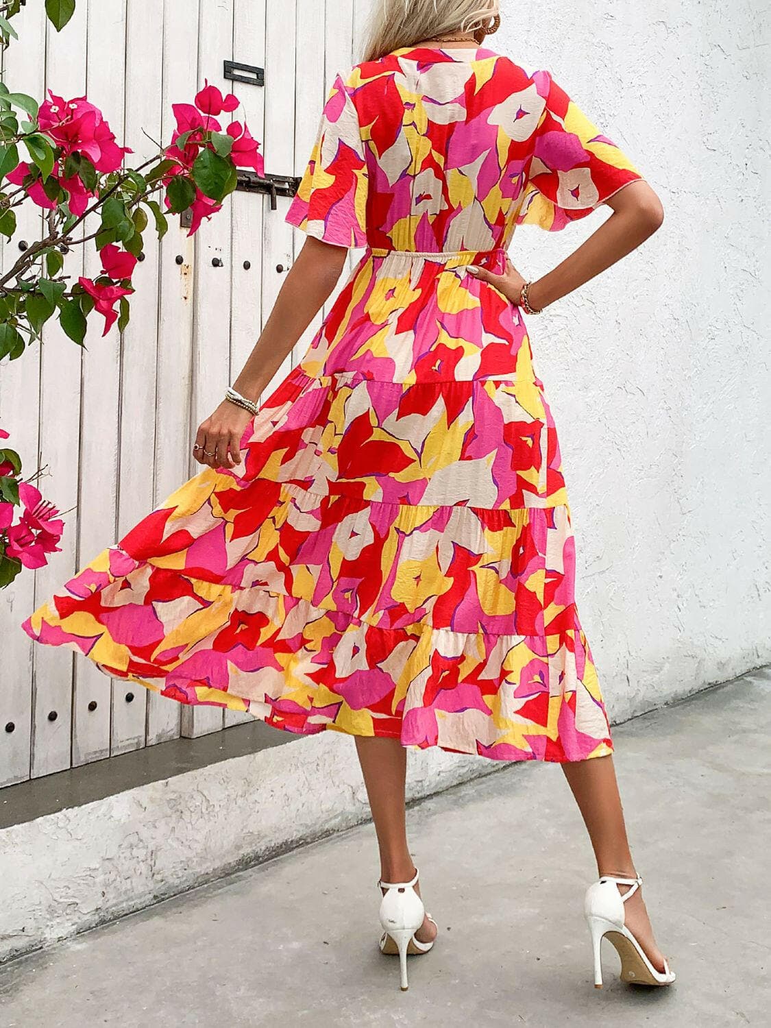 Printed V-Neck Flutter Sleeve Midi Dress.