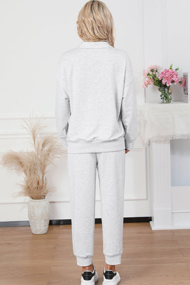 Cozy gray half-zip lounge set with drawstring high-waist pants