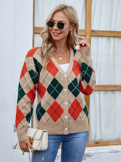 Plaid Contrast Button Up Cardigan.