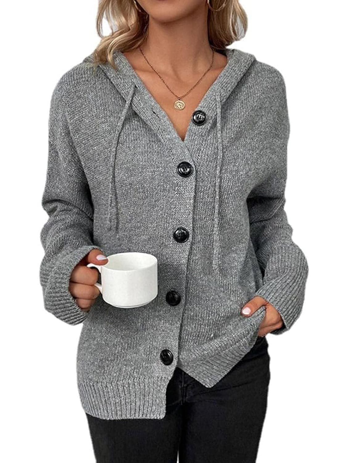 Button Up Drawstring Long Sleeve Hooded Cardigan.