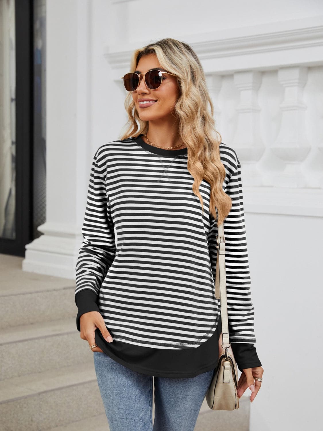 Striped Round Neck Long Sleeve Sweatshirt.