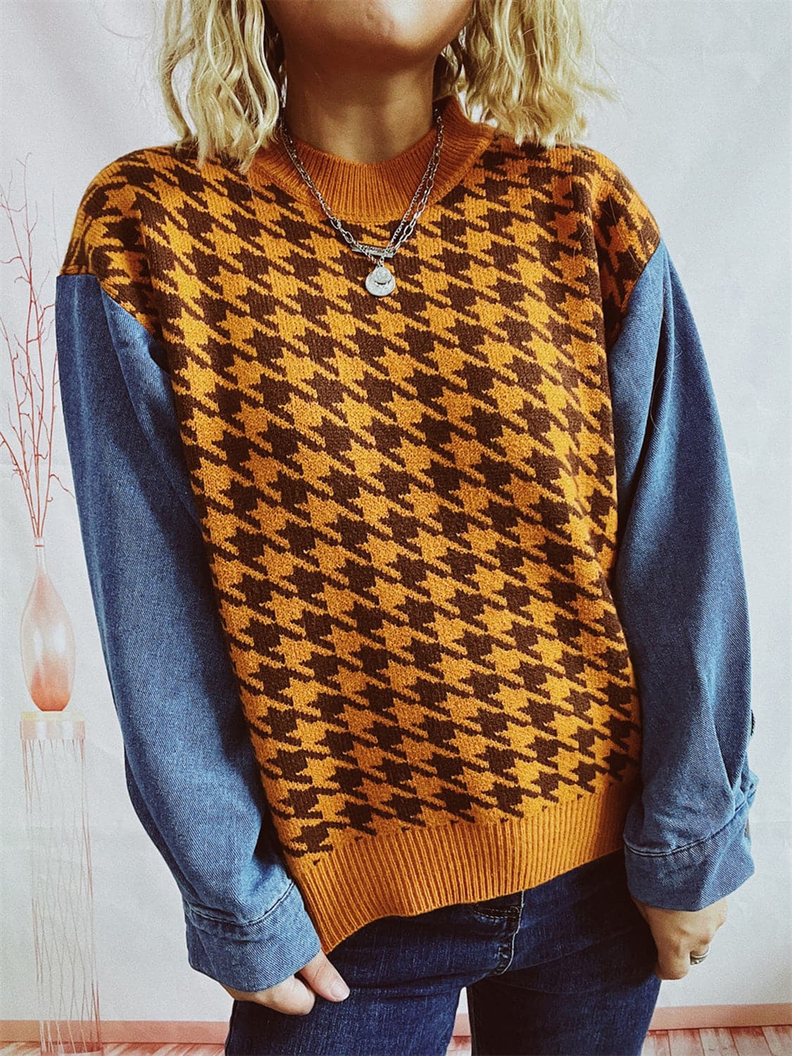 Houndstooth Denim Sleeve Sweater.