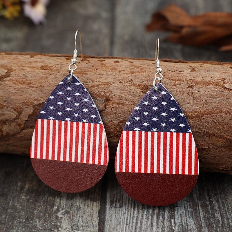 Stars and Stripes PU Leather Teardrop Earrings.