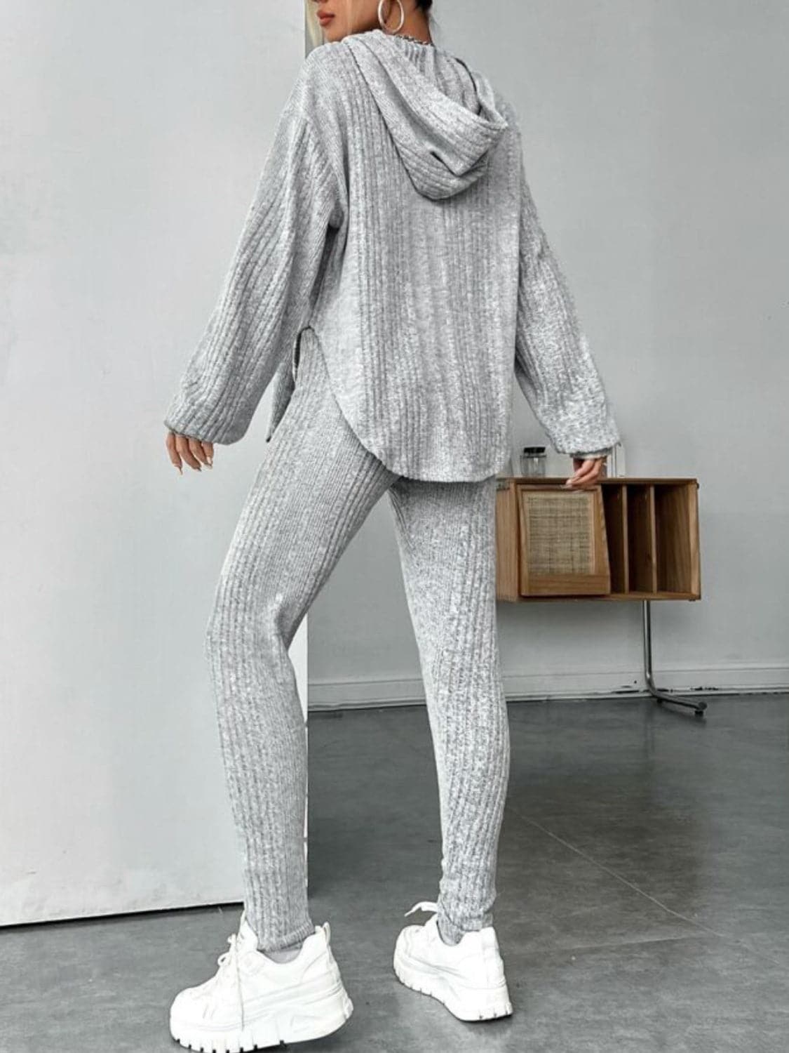 Round Neck Dropped Shoulder Hoodie and Pants Set.