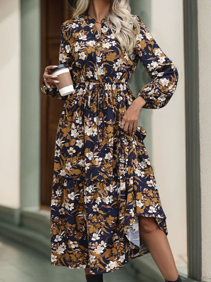 Chic Perfee notched long sleeve midi dress with printed design