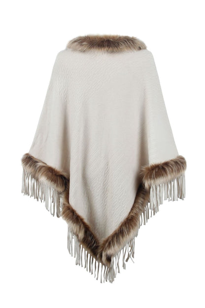 Faux Fur Trim Fringed Poncho.