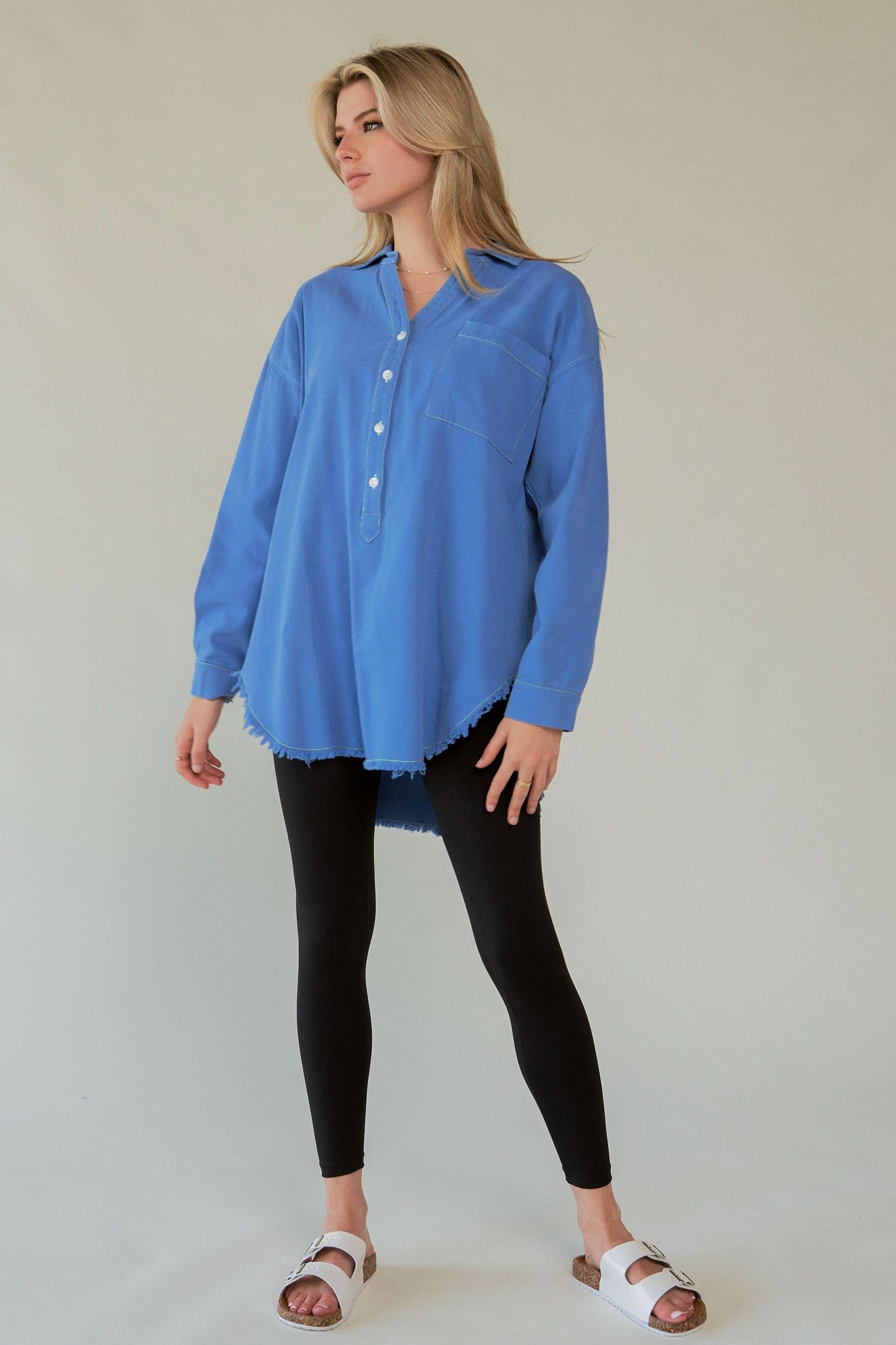 Lettered Back Raw Hem Button-Up Top