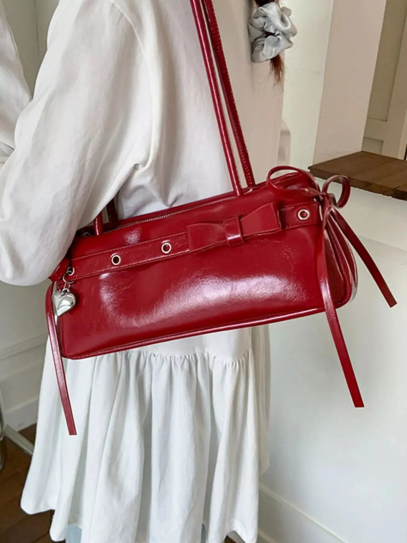 PU Leather Small Shoulder Bag With Heart Charm Elegant Tote Simply Love