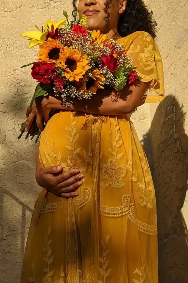 Mustard Lace Mesh Overlay Maternity Maxi Dress PinkBlush PinkBlush