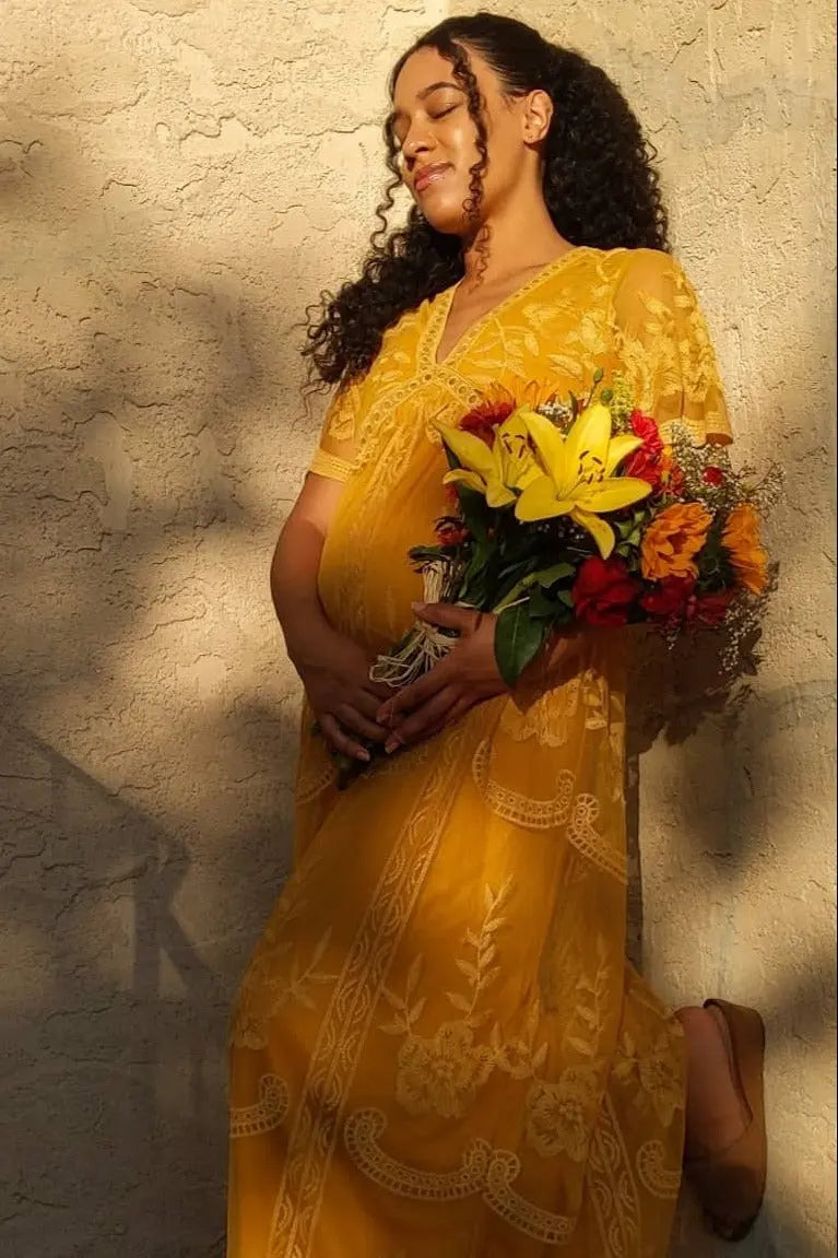 Mustard Lace Mesh Overlay Maternity Maxi Dress PinkBlush PinkBlush