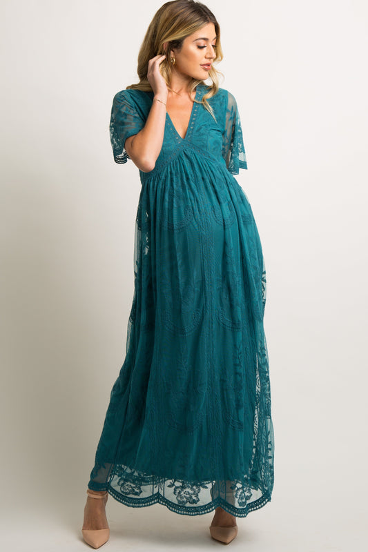 PinkBlush Teal Lace Mesh Overlay Maternity Maxi Dress PinkBlush