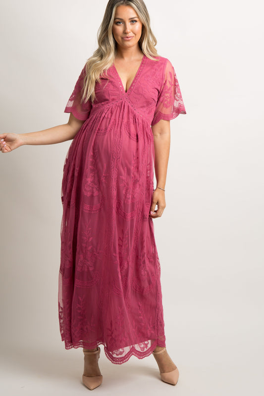 PinkBlush Magenta Lace Mesh Overlay Maternity Maxi Dress PinkBlush